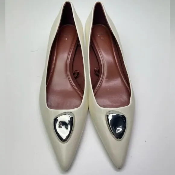 Zara Women's Metal Detail White Leather Kitten Heel Pointed Toe Shoes - Picture 2 of 11